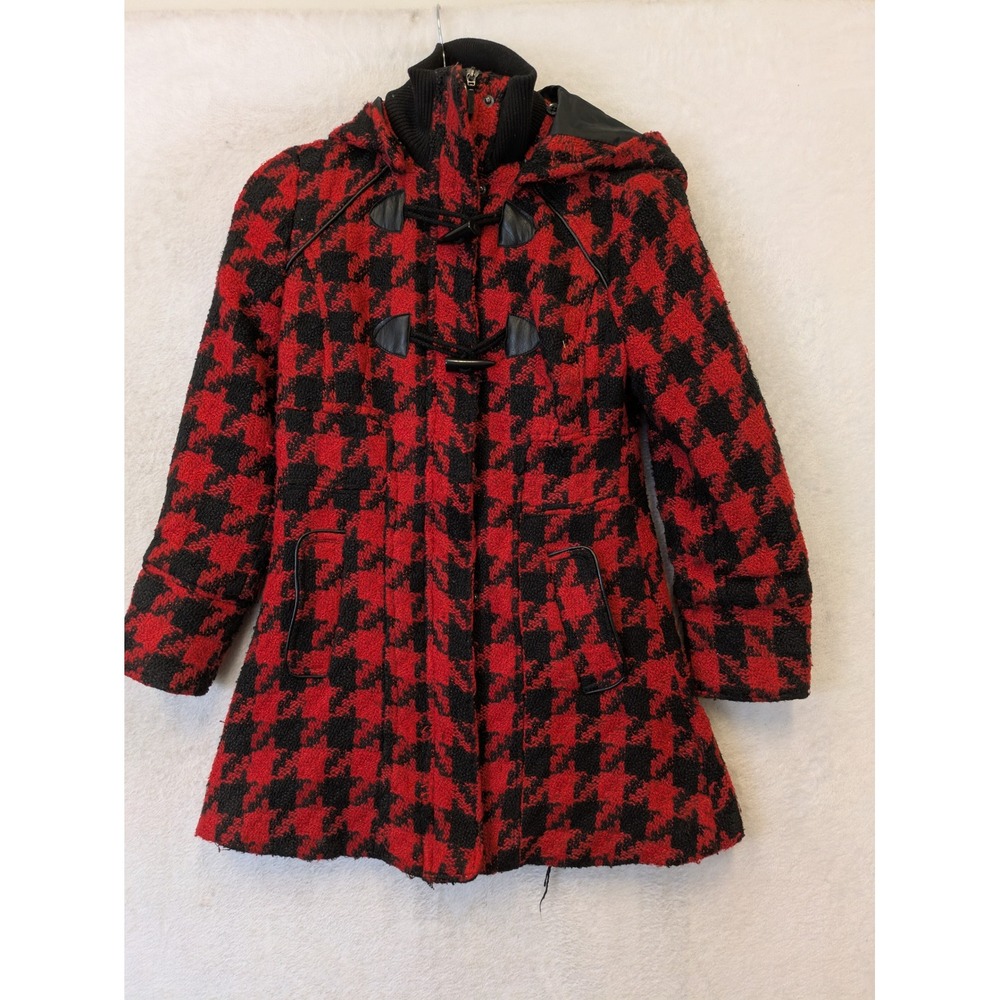 Yoki Houndstooth Junior's Toggle‎ Coat Junior's XS Red Black Hooded Wool Blend